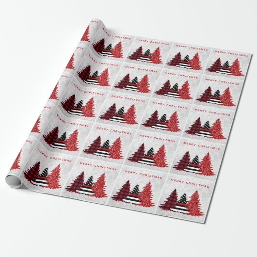 Papier Cadeau Pompier Noël Red Line Plaid Parties scintillant Ar (Déroulé)