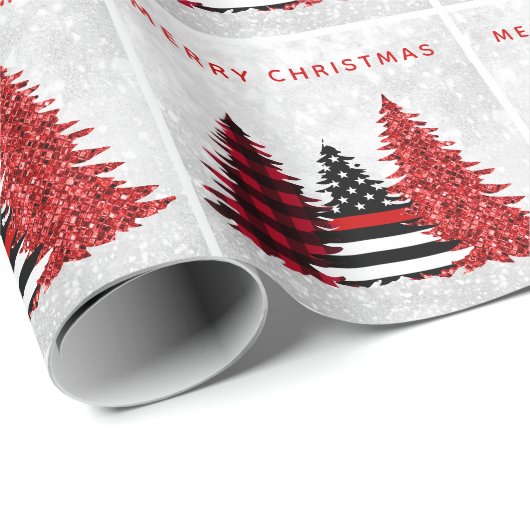 Papier Cadeau Pompier Noël Red Line Plaid Parties scintillant Ar (Coin rond)