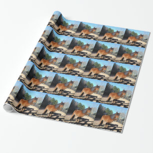 Papier Cadeau Poney brun ciel turquoise