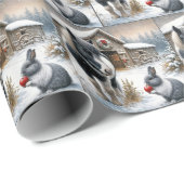 Papier Cadeau Poney de Noël et lapin avec une pomme (Coin rond)