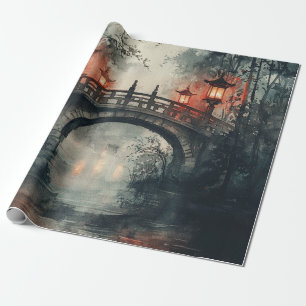 Papier Cadeau Pont de la lanterne au clair de lune aquarelle