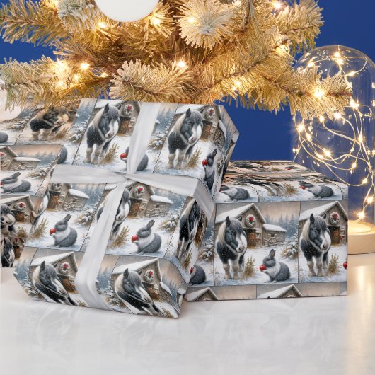 Papier Cadeau Pony et lapin de Noël avec une pomme (Vacances)