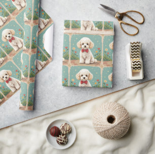 Papier Cadeau Poodle blanc adorable avec noeud papillon