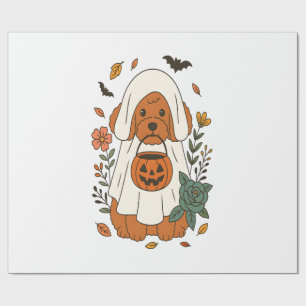 Papier Cadeau Poodle d'Halloween avec fleurs d'automne