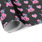 Papier Cadeau Poodles et Coeurs roses et bleus sur Noir (Coin rond)