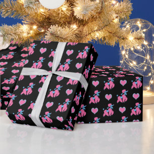Papier Cadeau Poodles roses et bleus et coeurs sur fond noir