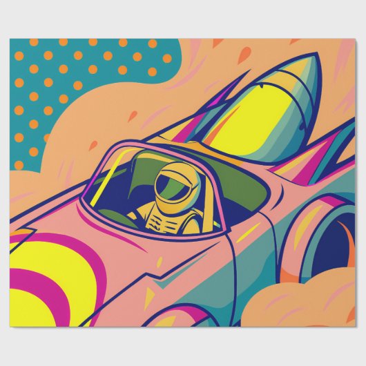 Papier Cadeau Pop Art Astronaut Driving Rocket Car (Plat)