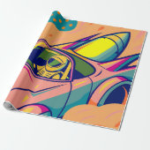 Papier Cadeau Pop Art Astronaut Driving Rocket Car (Déroulé)