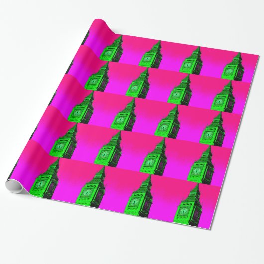 Papier Cadeau Pop Art Big Ben Londres Voyage rose Vert (Déroulé)