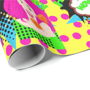 Papier Cadeau Pop Art Girl sur le téléphone Joyeux anniversaire