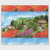 PAPIER CADEAU POPIES, IRISES, VILLAGE RUSTIQUE ANTIQUE EN TOSCAN (Plat)