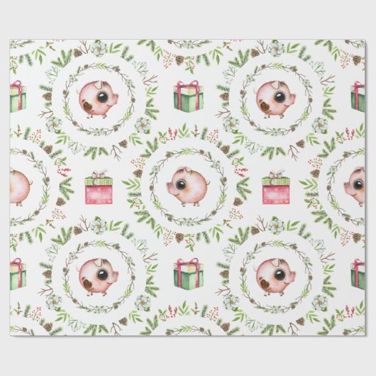 Papier Cadeau Porcs rustiques de Noël d'aquarelle (Plat)