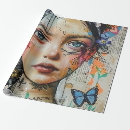 Papier Cadeau Portrait d'art en collage multimédia (9) (Déroulé)