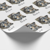 Papier Cadeau Portrait de loup Votre nom écriture personnalisée (Coin)