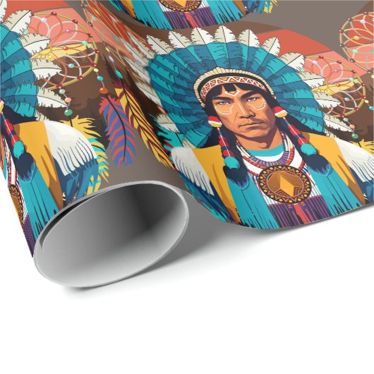 Papier Cadeau Portrait puissant en chef amérindien (Coin rond)