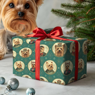 Papier Cadeau Portraits de Noël de Yorkie victoriens sur fond ém