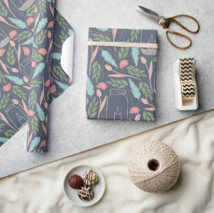 Papier Cadeau Pot Mason Navy Rose Vert Motif Floral