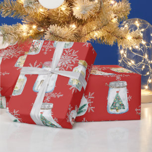 Papier Cadeau Pots de Noël et flocons de neige rouges  