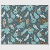 Papier Cadeau poudle paislies plumes fleurs boho motif turquoise (Plat)