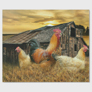 Papier Cadeau Poules à coq vintage Grotte à coop rustique