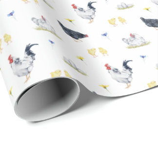 Papier Cadeau Poules, coqs et poussins d'aquarelle de style agri