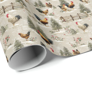 Papier Cadeau Poules et Coqs de Noël Ferme Hivernale
