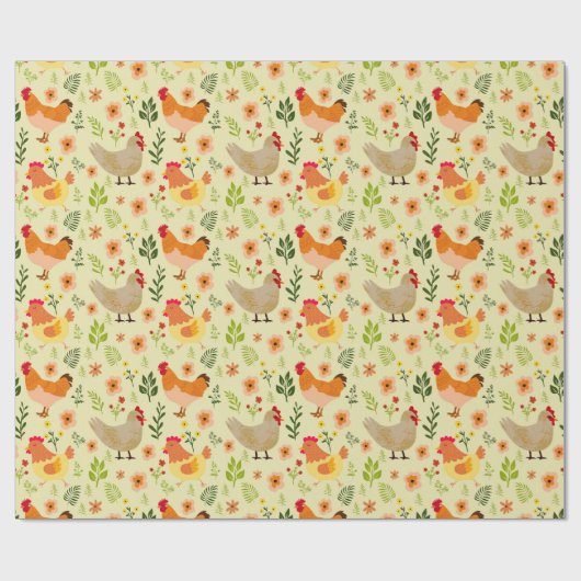 Papier Cadeau Poulet de ferme sans soudure et modèle floral (Plat)