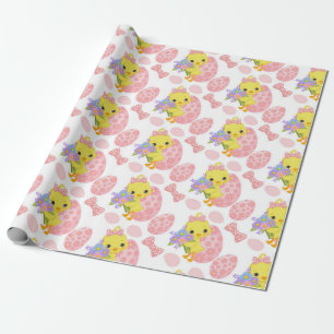 PAPIER CADEAU POULET DE PÂQUES JAUNE AVEC OEUFS ROSES