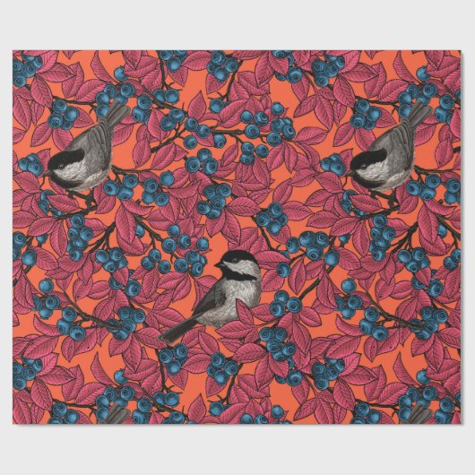 Papier Cadeau Poulet sur les branches de bleuets sur l'orange (Plat)