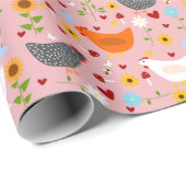 Papier Cadeau Poulets dans le Jardin Fleur Rose (Coin rond)