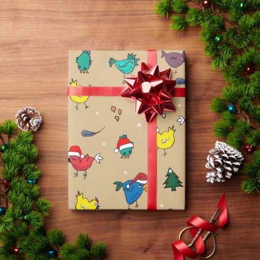 Papier Cadeau Poulets de Noël léger or (Cadeau de vacances)