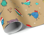 Papier Cadeau Poulets de Noël sur papier d'emballage en or (Coin rond)