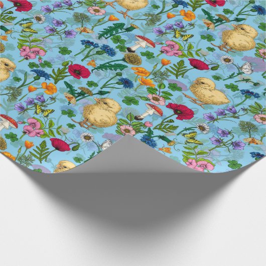 Papier Cadeau Poulets et fleurs sauvages sur le bleu bébé (Coin)