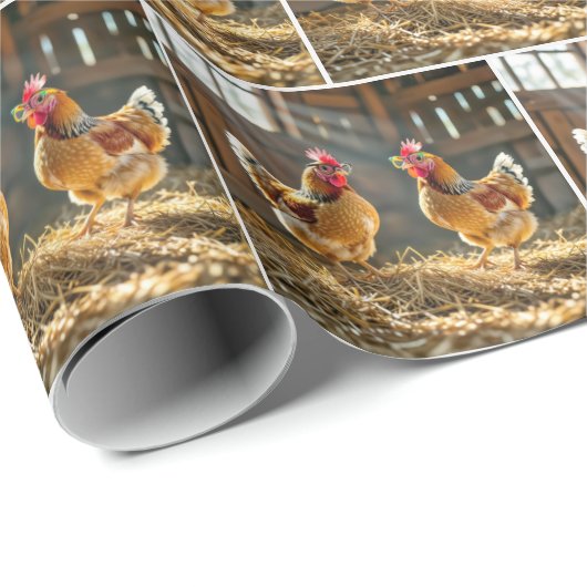 Papier Cadeau Poulets portant des lunettes de vue dans une grang (Coin rond)