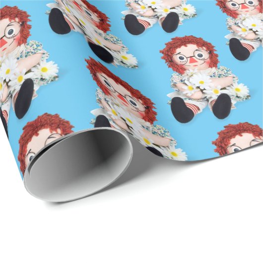 Papier Cadeau Poupée en cerf avec marguerites sur bleu (Coin rond)