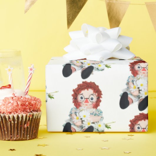 Papier Cadeau Poupée Rag rétro avec bouquet marguerrier (Fête d'anniversaire)