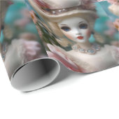 Papier Cadeau Poupée Vintage bleue, (Coin rond)