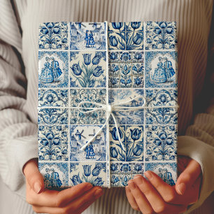 Papier Cadeau Poupées Fleurs Chic Bleu Blanc Toile De Jouy