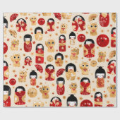 Papier Cadeau Poupées japonaises - Chats Kokeshi et Maneki Neko (Plat)