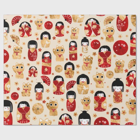 Papier Cadeau Poupées japonaises - Chats Kokeshi et Maneki Neko (Plat)