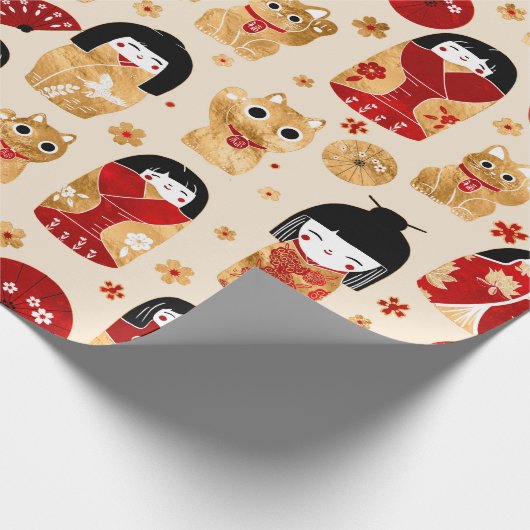 Papier Cadeau Poupées japonaises - Chats Kokeshi et Maneki Neko (Coin)