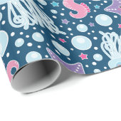 Papier Cadeau Pourpre rose bleu d'hippocampes et de méduses | de (Coin rond)