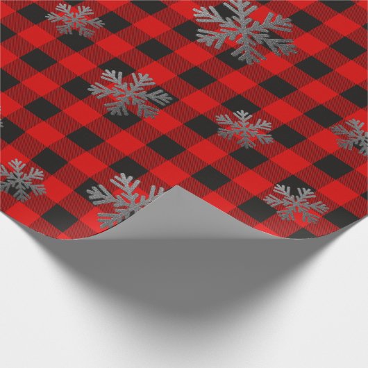 Papier Cadeau Poussières à neige rouges à Buffalo Plaid et Parti (Coin)
