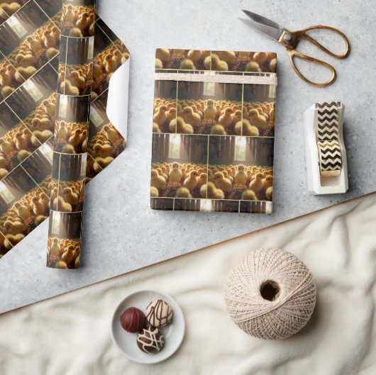 Papier Cadeau Poussins Jaunes dans une grange ensoleillée (Artisanat)