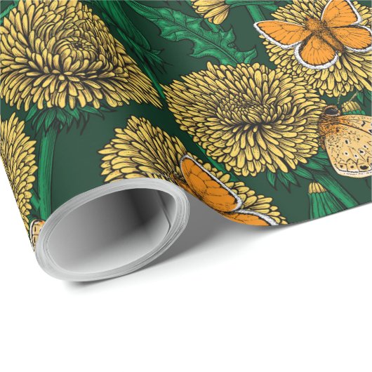 Papier Cadeau Pré de Dandelion sur vert foncé (Coin rond)