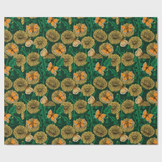 Papier Cadeau Pré de Dandelion sur vert foncé (Plat)