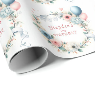 Papier Cadeau Premier anniversaire - Aquarelle Fleurs et ballons