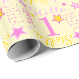 Papier Cadeau Premier anniversaire étoile nom personnalisé jau