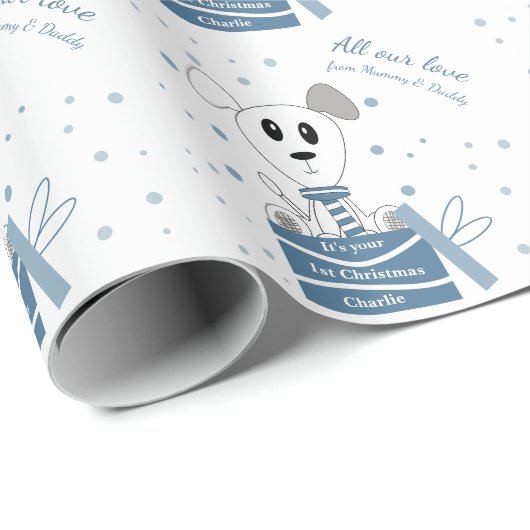 Papier Cadeau Premier Chiot de Noël sur présentation (Bleu d'hiv (Coin rond)