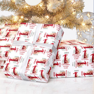 Papier Cadeau Premier Lapin de Noël Nom Baby Red Numéro Un